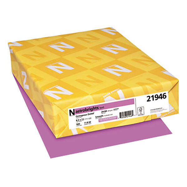 A yellow and purple label for Astrobrights Outrageous Orchid Color Paper with a white number 2.