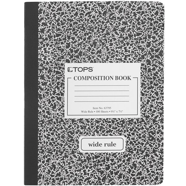 A close-up of a black and white TOPS composition book.