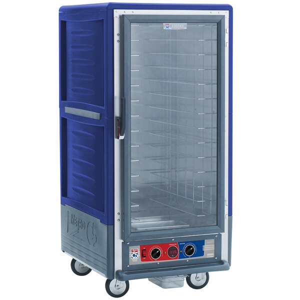 A blue and silver Metro C5 heated holding and proofing cabinet with a clear door.