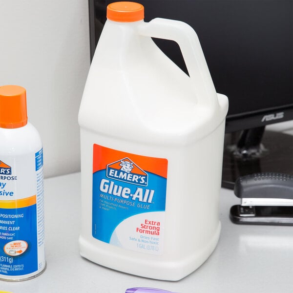 A white jug of Elmer's Glue-All with a handle.