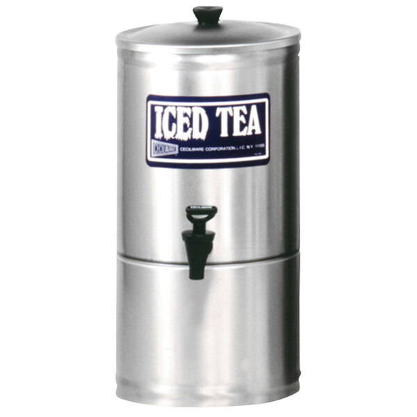 A silver stainless steel Cecilware iced tea dispenser with a black handle.