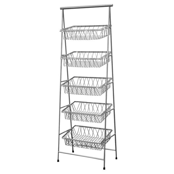 A silver metal rectangular 5-tier wire rack with tilted wire baskets.
