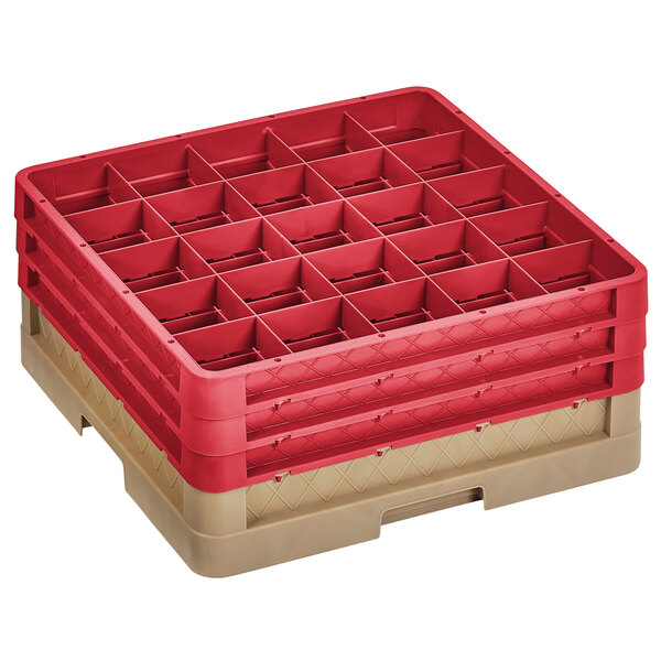 A beige Vollrath Traex glass rack with several compartments and red extenders.
