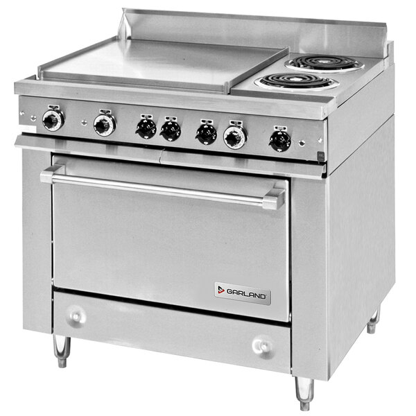 A large stainless steel Garland electric range with 2 all-purpose top sections, 2 open burners, and a standard oven.