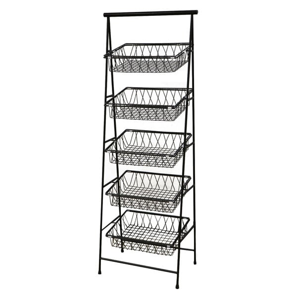 A black metal rectangular rack with tilted wire baskets on it.