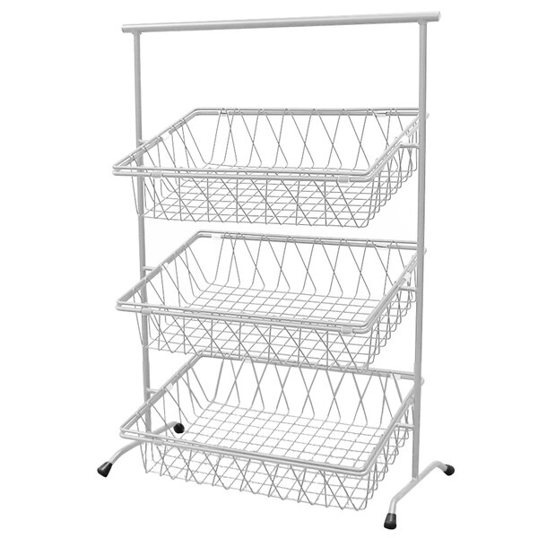 A silver metal rectangular 3-tier rack with tilted wire baskets.
