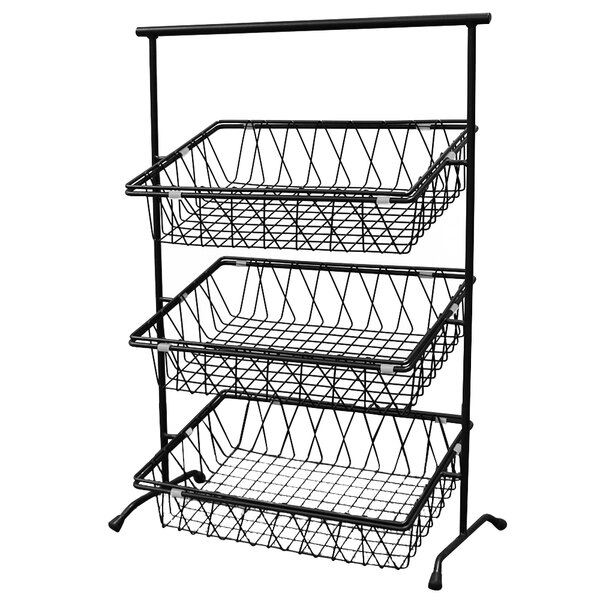 A black metal rectangular 3-tier wire basket stand.