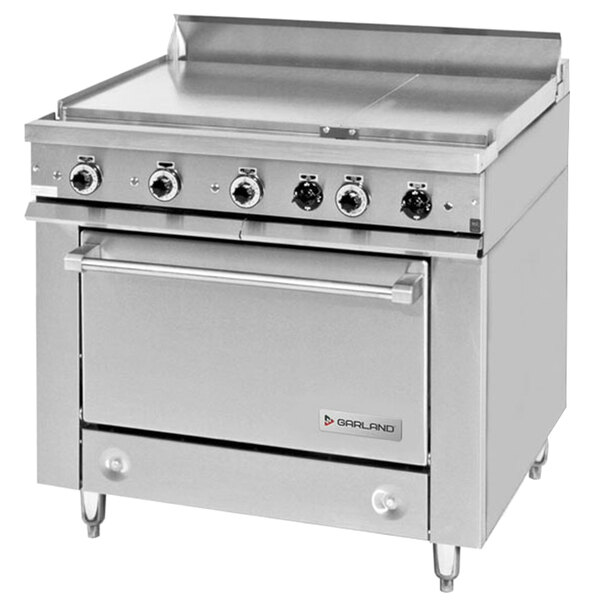 A large stainless steel Garland electric range with two all-purpose top sections and storage base.