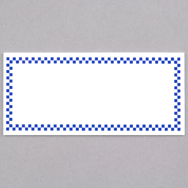 A rectangular white Ketchum deli tag with a blue and white checkered border.