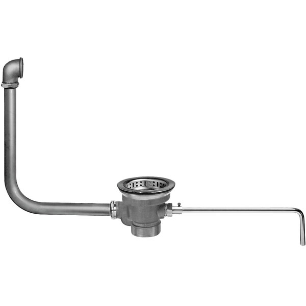 A Fisher brass lever handle waste valve with a metal drain pipe and basket strainer.
