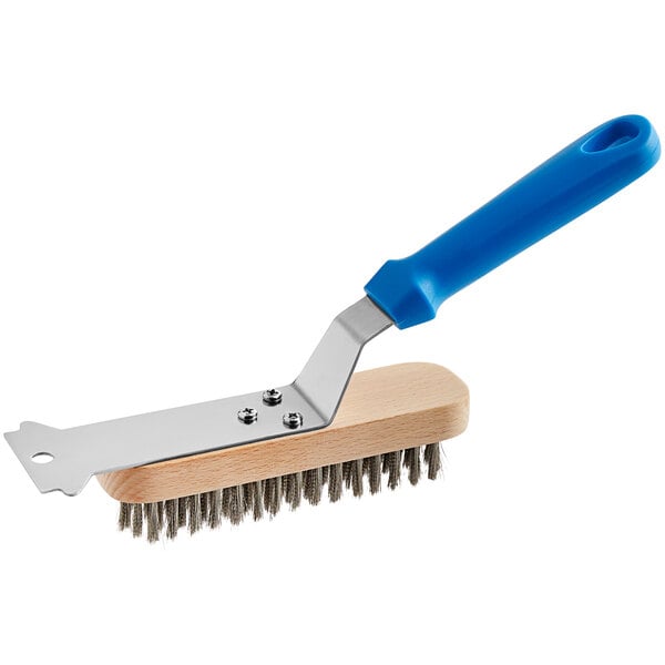 A GI Metal steel bristle grill brush with a blue wooden handle.