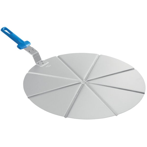 A white circular pizza tray with a blue handle.