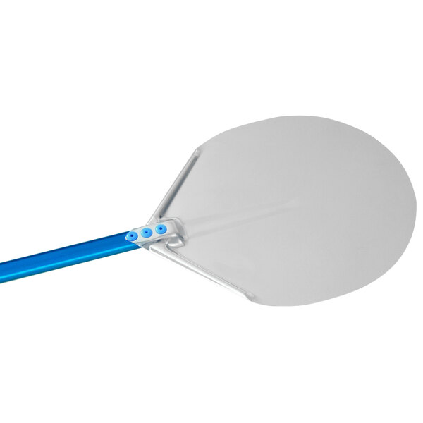 A blue and white anodized aluminum round pizza peel with a blue handle.