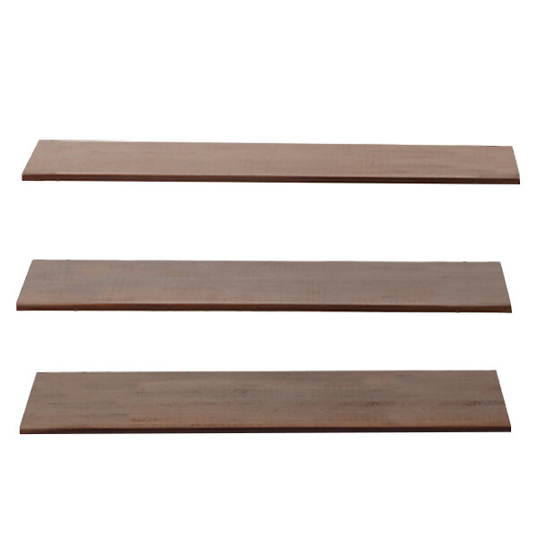 A set of wooden Elevation walnut shelves with three assorted sizes.