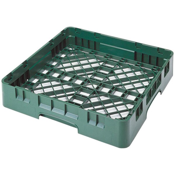 A green plastic Cambro Camrack base rack with closed sides and a grid.