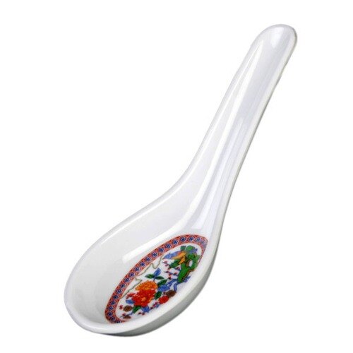 A white Thunder Group melamine soup spoon with a colorful peacock design.
