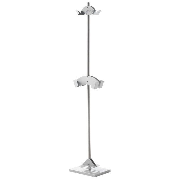 A chrome metal stand with a metal pole and three shelves.