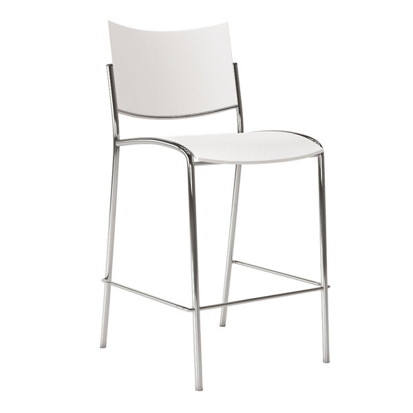 A Mayline white plastic stacking stool with chrome legs.