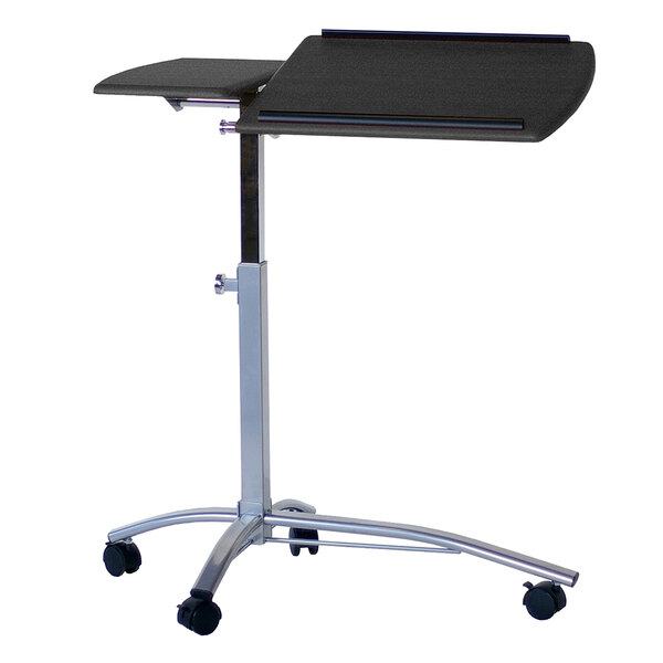 A black desk with wheels.