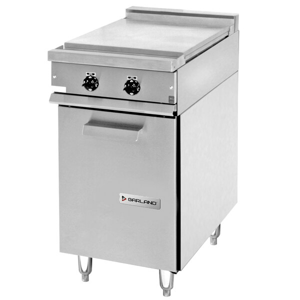 A stainless steel Garland heavy-duty electric range with storage base and knob controls.