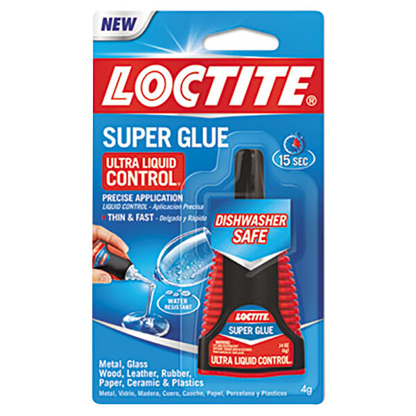 A blue and red package of Loctite Clear Liquid Super Glue with a black bottle and lid.