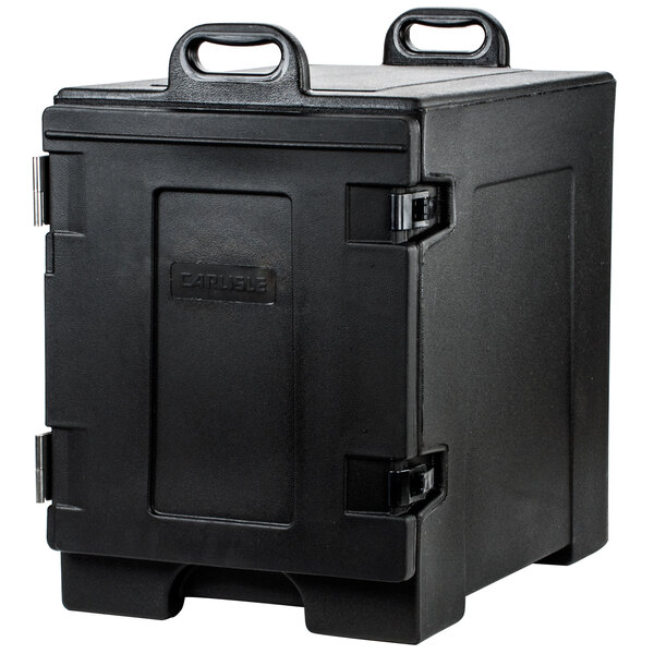 A black Carlisle Cateraide front loading insulated food pan carrier with handles.