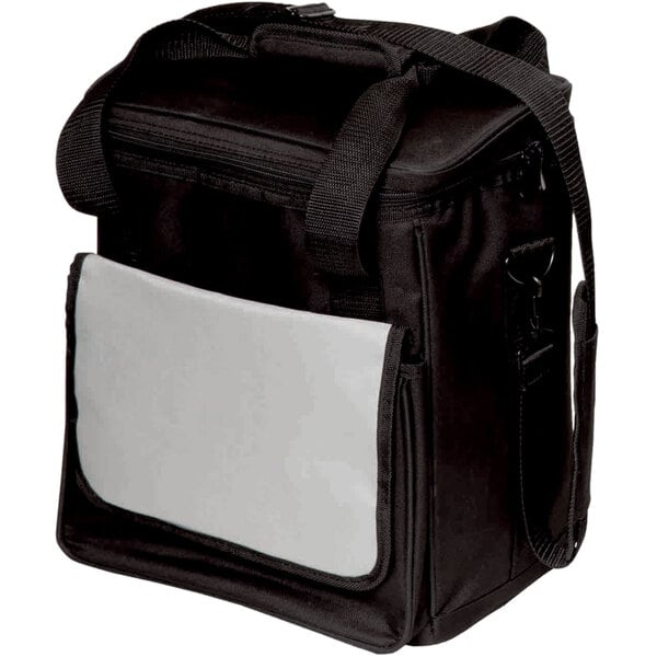 A black bag with white accents, including a white shoulder strap and white pocket.