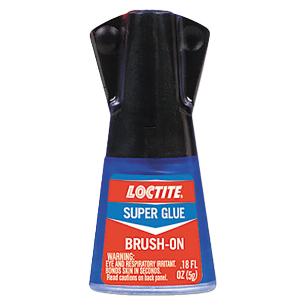 A blue bottle of Loctite clear liquid super glue with a red label and brush on the top.