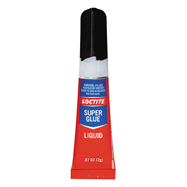 A close up of a Loctite Liquid Super Glue bottle. The label reads "Loctite 1363131 .07 oz. Clear All-Purpose Liquid Super Glue - 2/Pack".