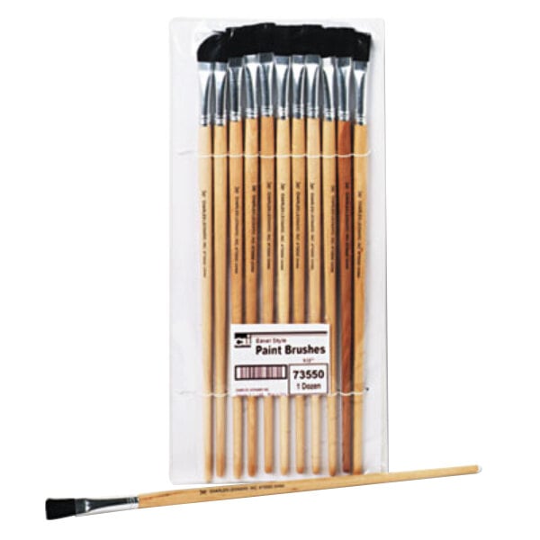 A pack of Charles Leonard flat paint brushes with long wooden handles.