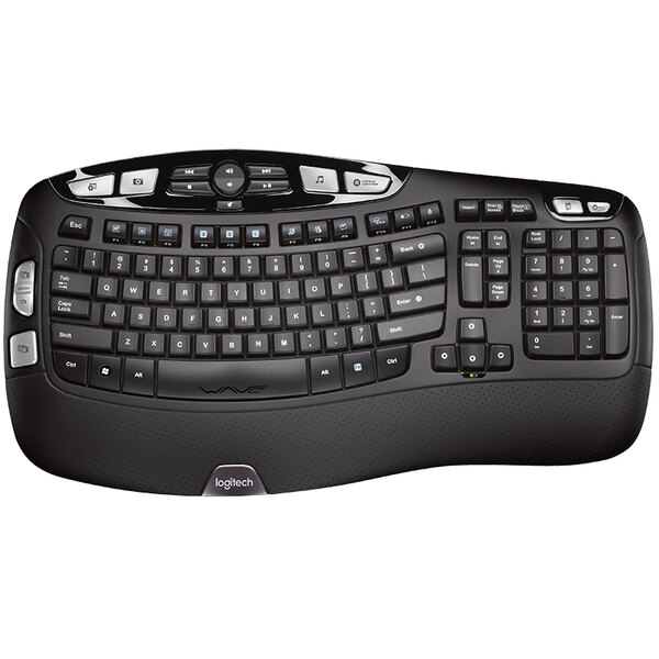 A black Logitech K350 wireless computer keyboard with a curved edge.