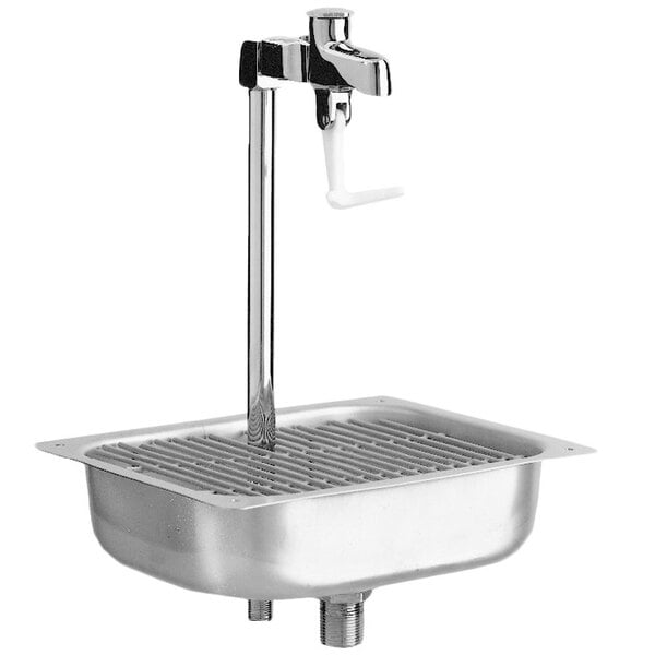 A Fisher water station with a glass filler on a metal sink with a faucet.