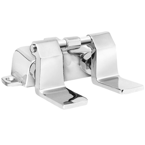 A pair of chrome plated metal Fisher Dual Floor-Mounted Foot Pedal Valves on a white background.