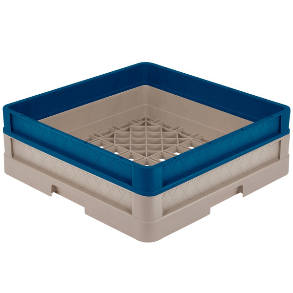 A Vollrath Traex full-size beige dish rack with closed sides and a blue extender.