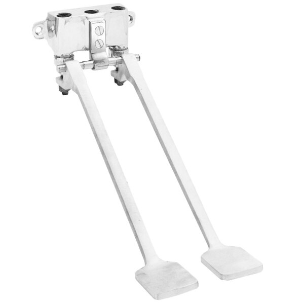 A white metal Fisher dual wall-mounted foot pedal with two long legs.