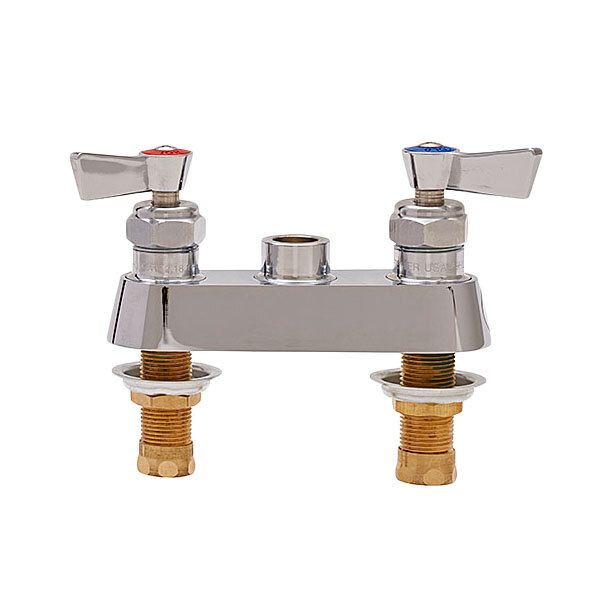 A white Fisher faucet base for two faucets with silver swivel stems and lever handles.