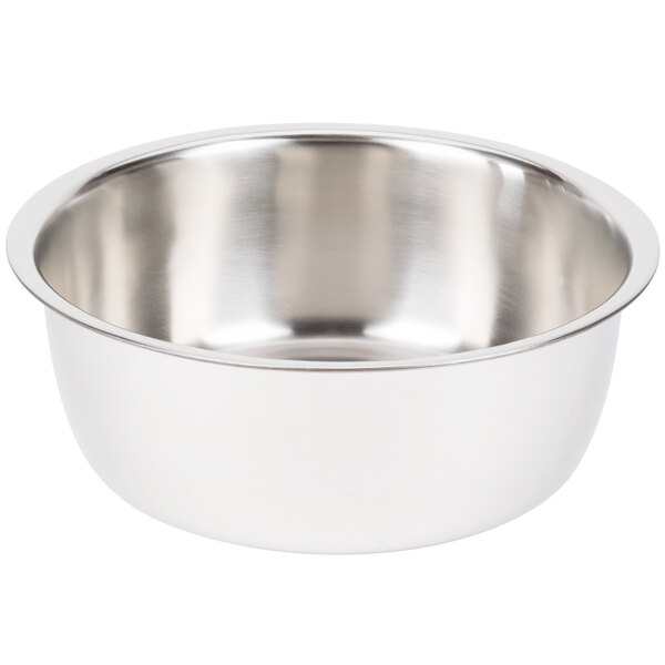 A silver bowl for a Choice Deluxe Round Soup Chafer on a white background.