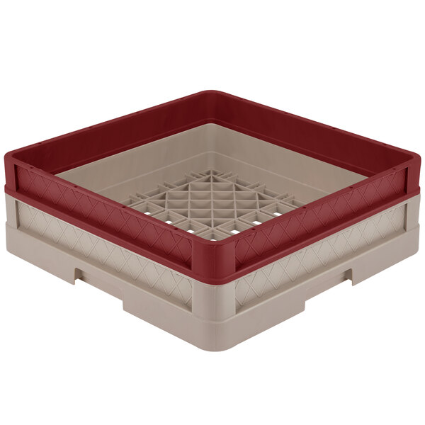 A beige Vollrath Traex dish rack with closed sides and a burgundy extender.
