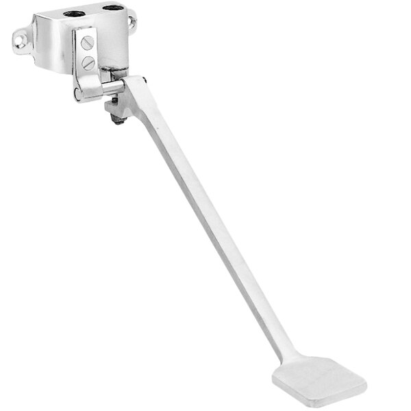 A silver metal wall-mounted foot pedal with a metal handle.