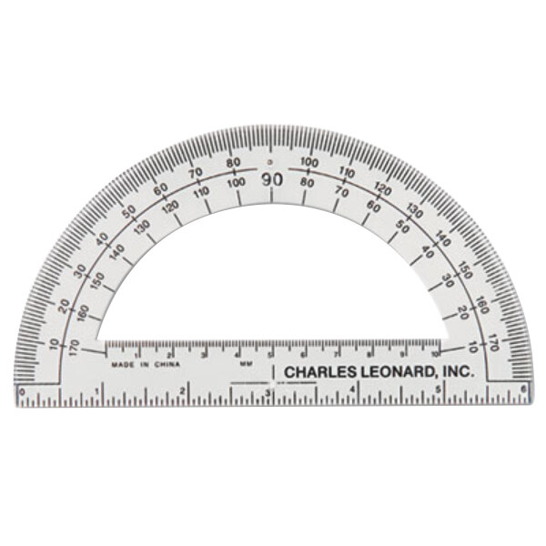 A clear plastic protractor with ruler edges and open center with black writing on it.