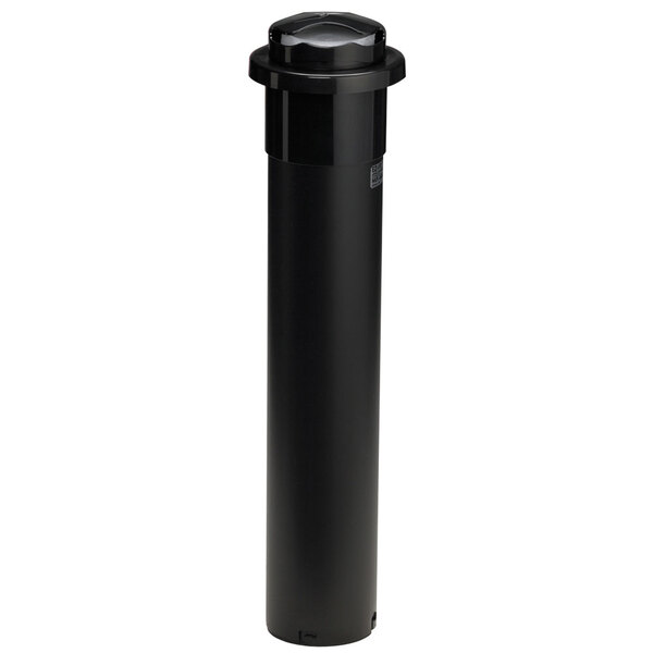 A black cylindrical object with a white lid.