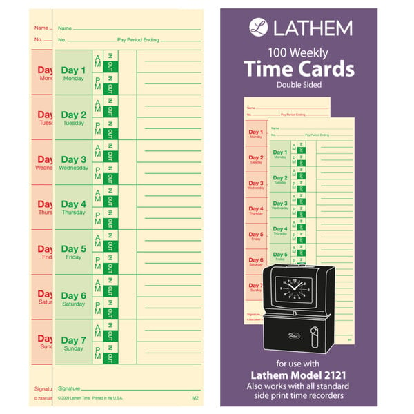 A pack of 100 Lathem time cards with a black and white calendar on the front.