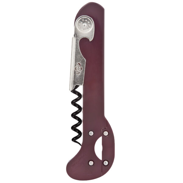 A Franmara Boomerang waiter's corkscrew with a burgundy handle and metal spiral.