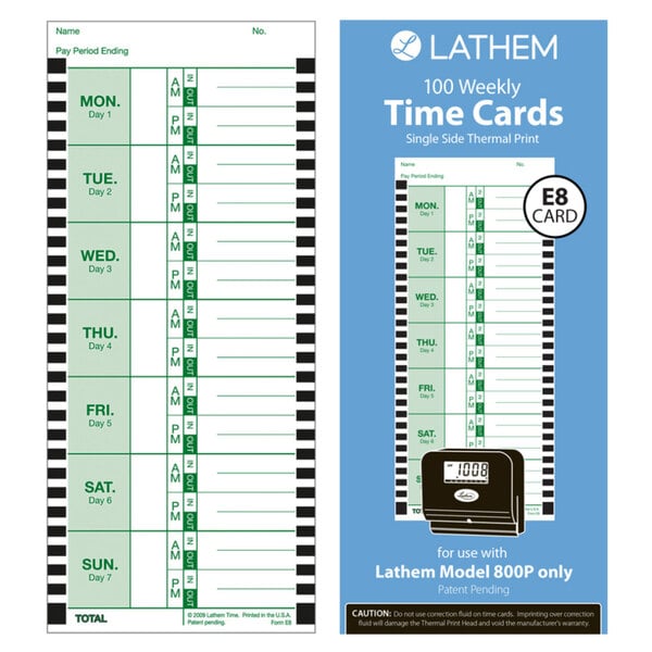 A close-up of a Lathem time card with a white background and green and white text.
