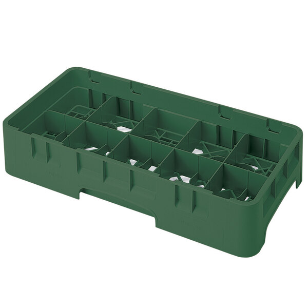 A green plastic Cambro glass rack with 10 compartments and 6 extenders.