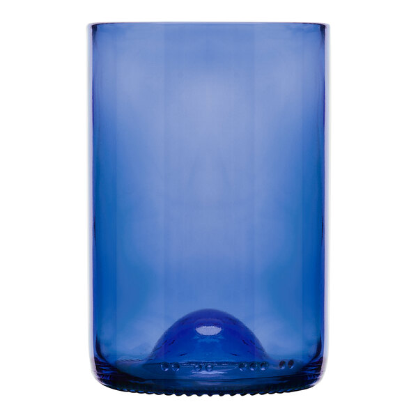 A blue Libbey wine tumbler made from a repurposed wine bottle with a hole in the bottom.