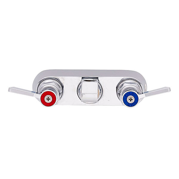 A silver Fisher faucet base with red and blue lever handles.