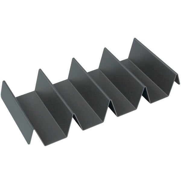 A close-up of a black metal Hatco fry box rack with four pleated corners.
