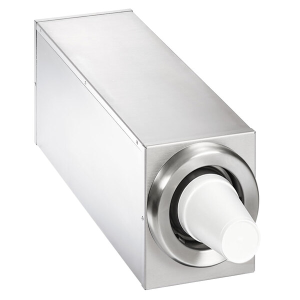 A Vollrath stainless steel countertop cup dispenser with a white plastic cup inside.