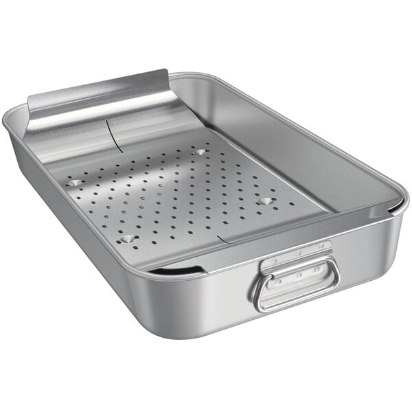 A stainless steel Hatco fry pan with a strainer on top.